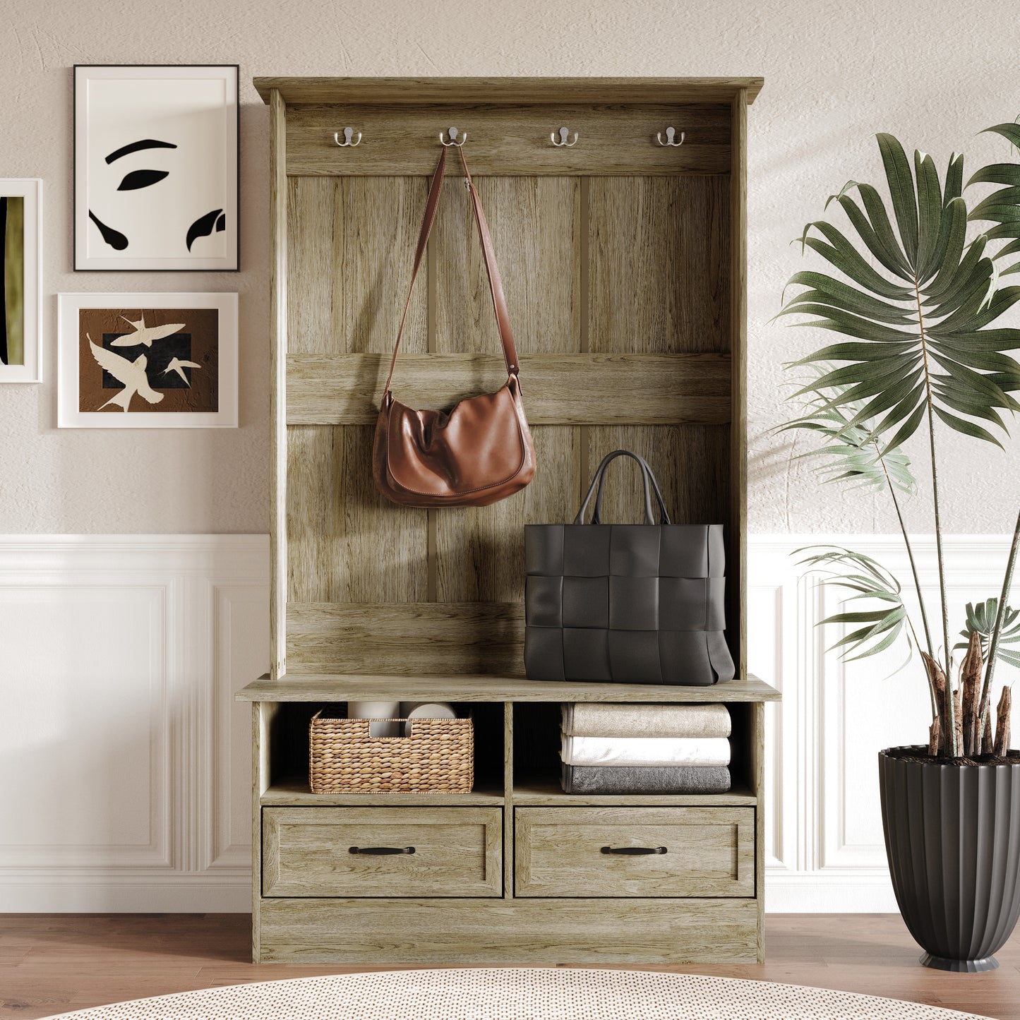 Hall Tree with Storage Cabinet, Bench, Drawers, Shelves & Hooks