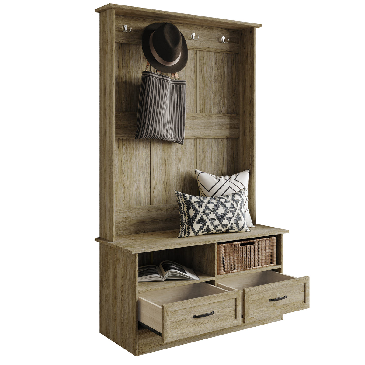 Hall Tree with Storage Cabinet, Bench, Drawers, Shelves & Hooks