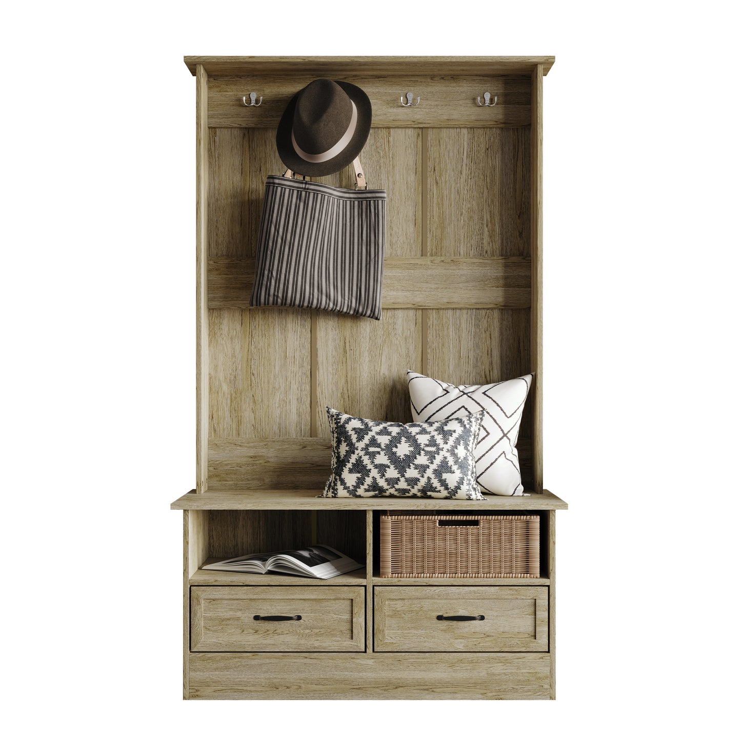 Hall Tree with Storage Cabinet, Bench, Drawers, Shelves & Hooks