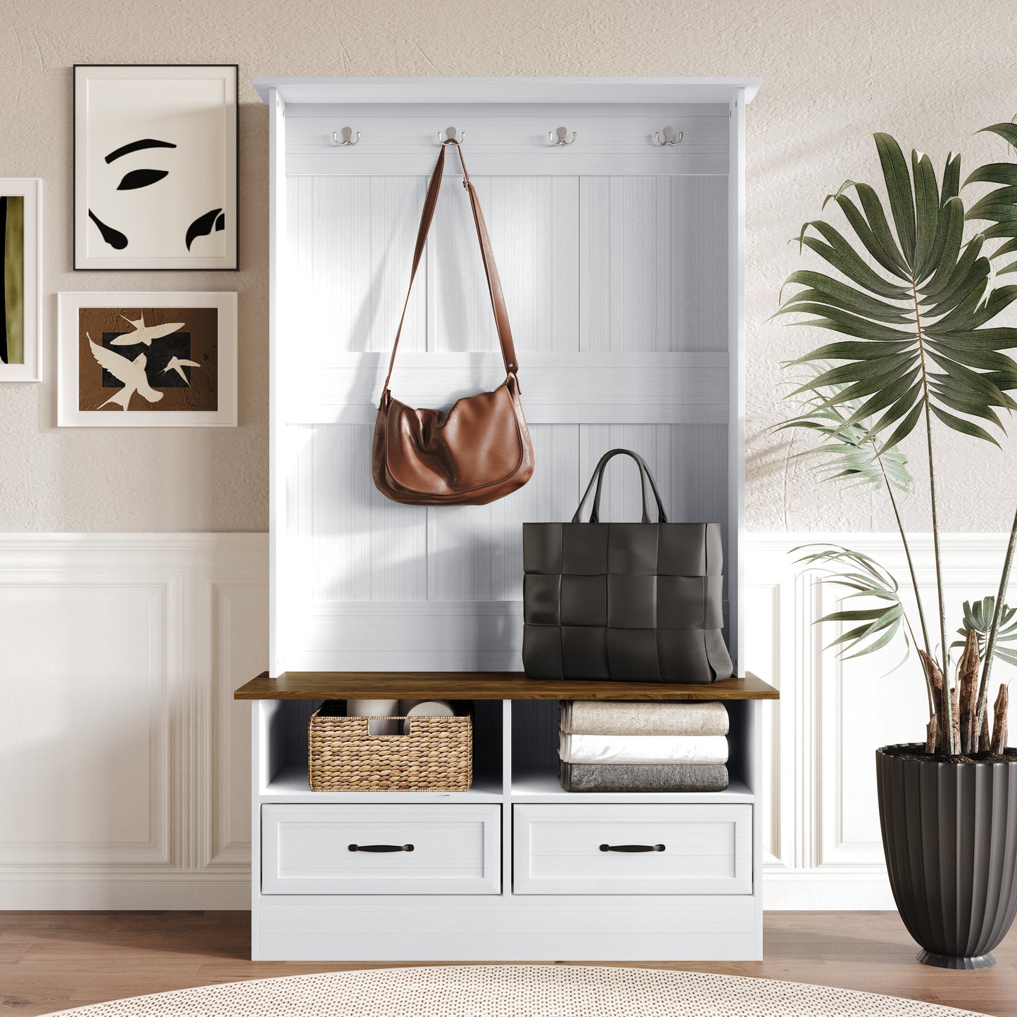 Hall Tree with Storage Cabinet, Bench, Drawers, Shelves & Hooks