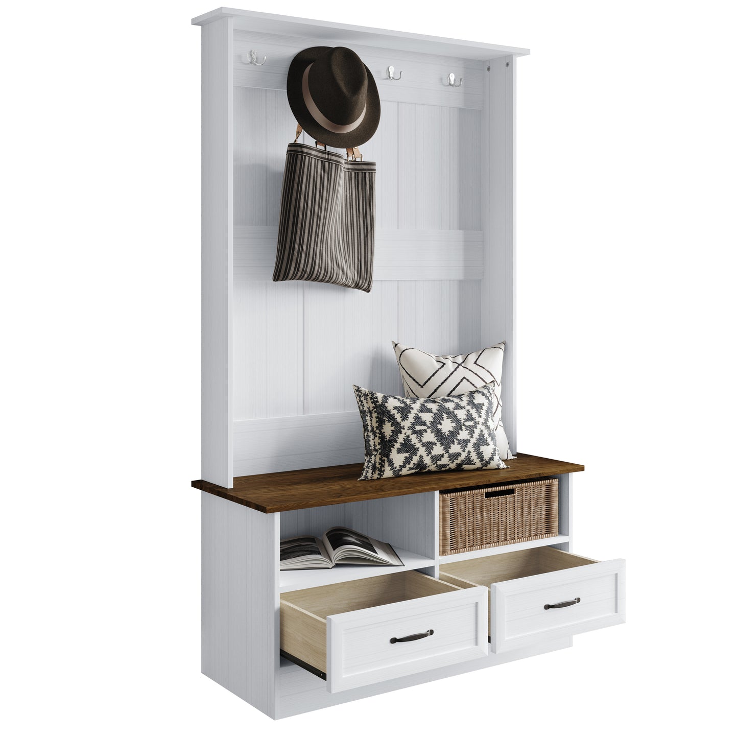 Hall Tree with Storage Cabinet, Bench, Drawers, Shelves & Hooks