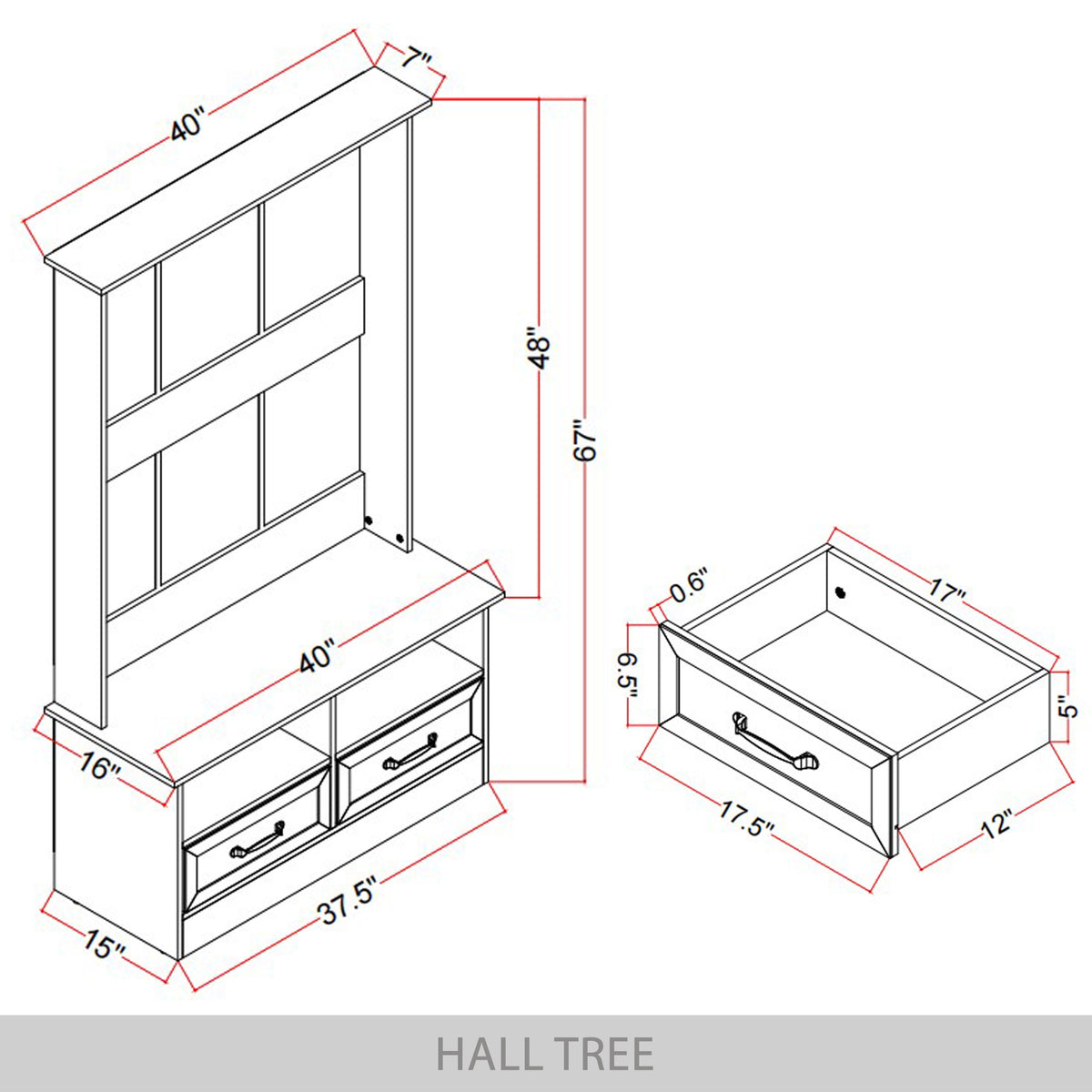Hall Tree with Storage Cabinet, Bench, Drawers, Shelves & Hooks