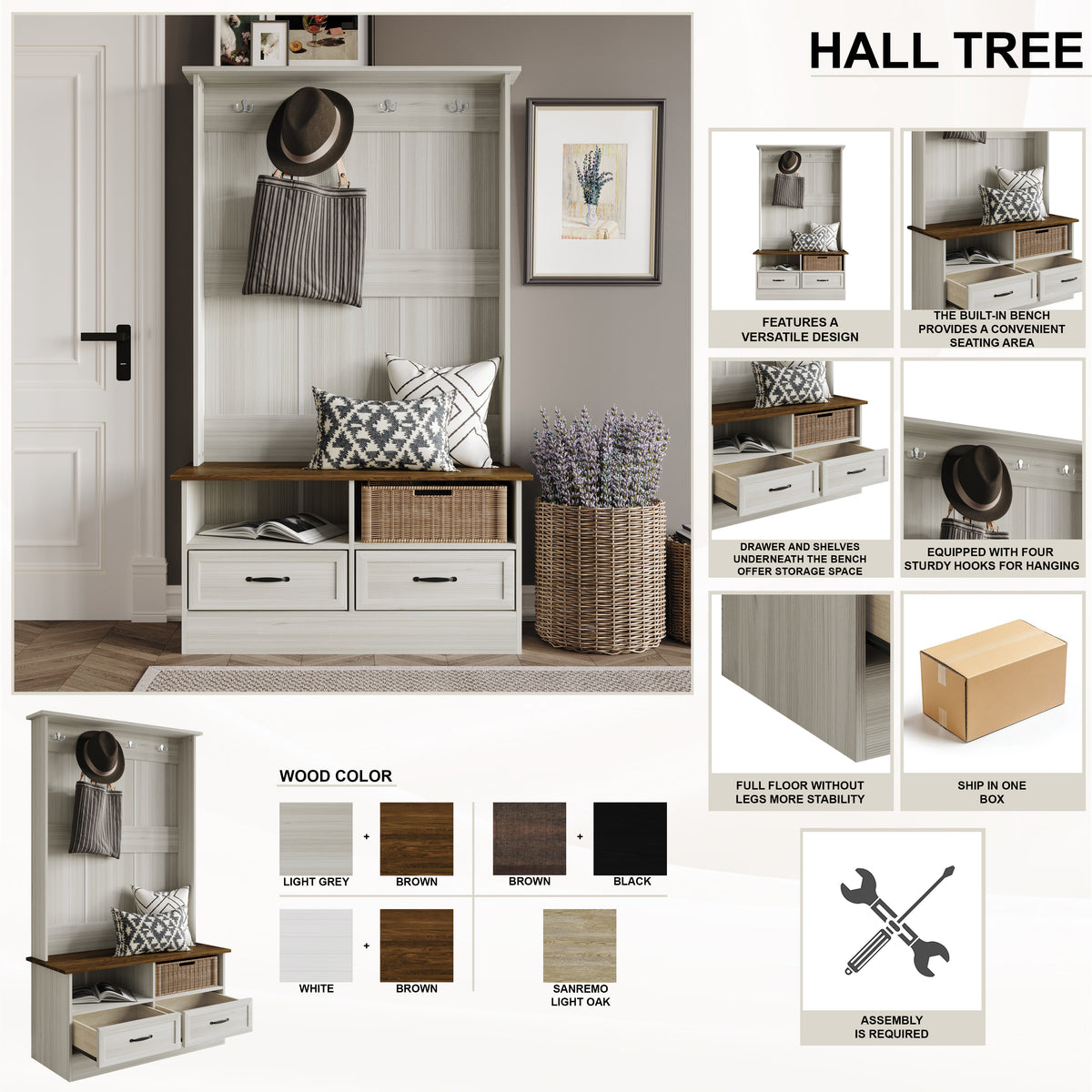 Hall Tree with Storage Cabinet, Bench, Drawers, Shelves & Hooks