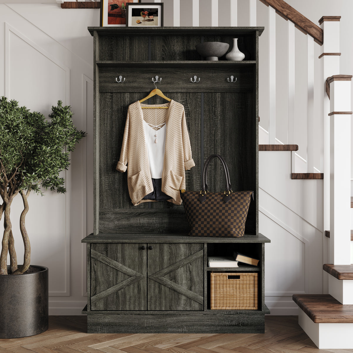 Hall Tree with Storage Cabinet, Bench, Shelves & Hooks