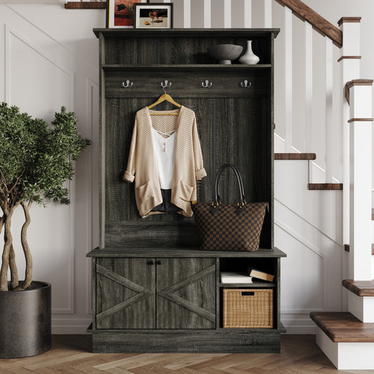 Hall Tree with Storage Cabinet, Bench, Shelves & Hooks