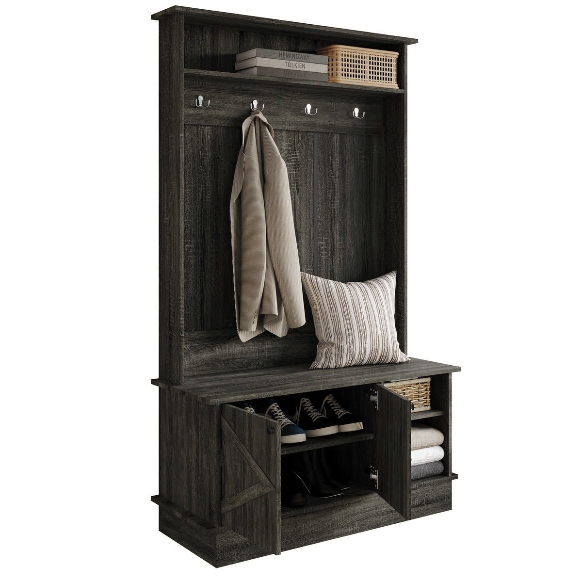 Hall Tree with Storage Cabinet, Bench, Shelves & Hooks