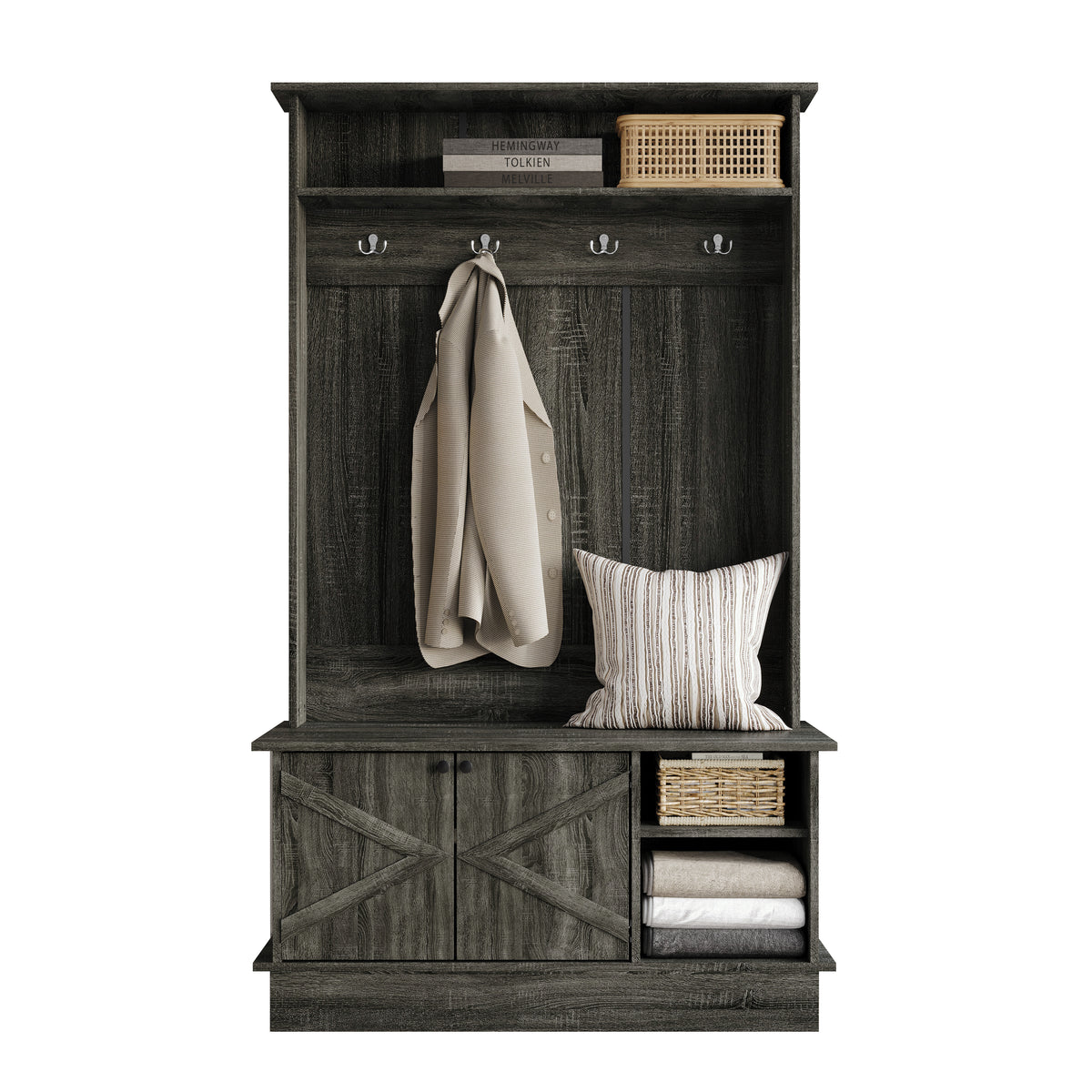 Hall Tree with Storage Cabinet, Bench, Shelves & Hooks