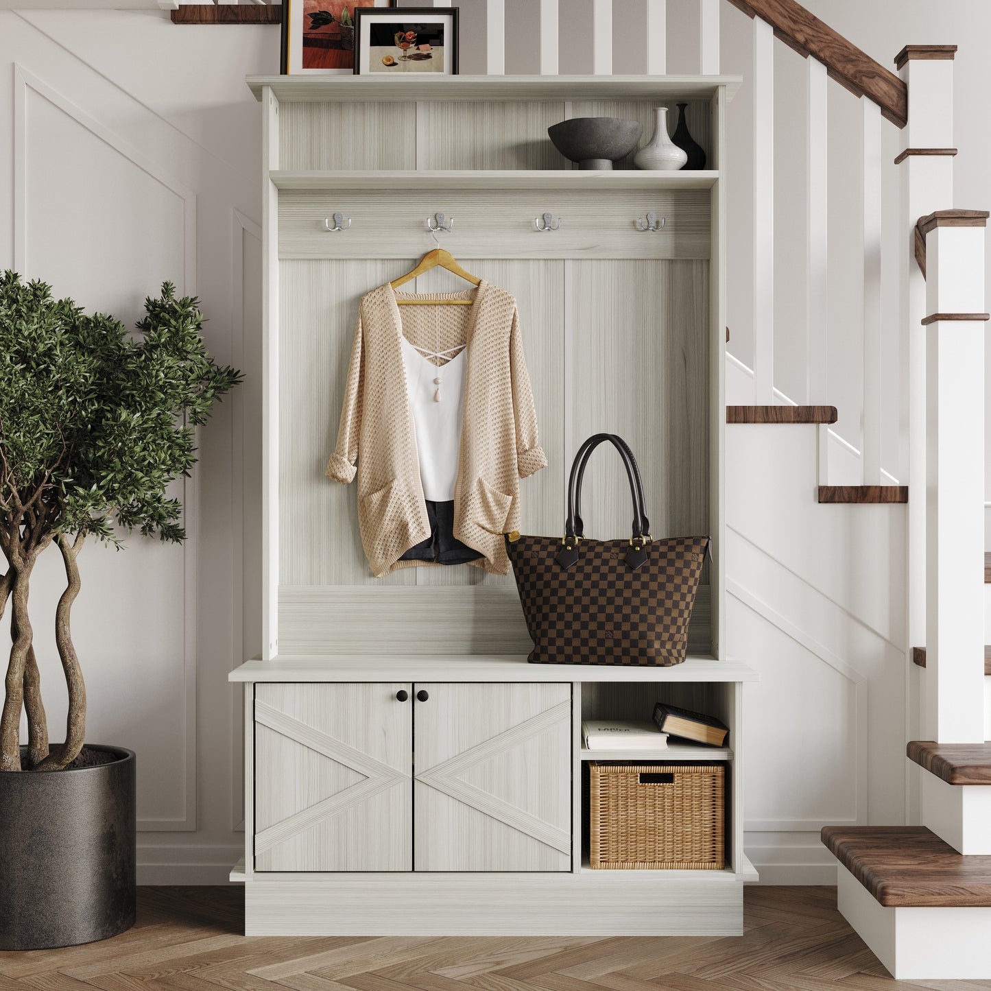 Hall Tree with Storage Cabinet, Bench, Shelves & Hooks