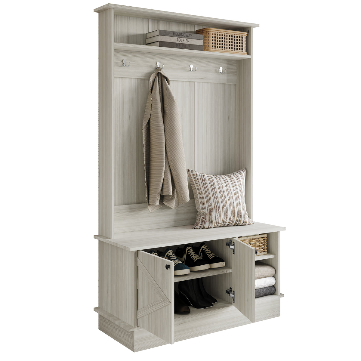 Hall Tree with Storage Cabinet, Bench, Shelves & Hooks