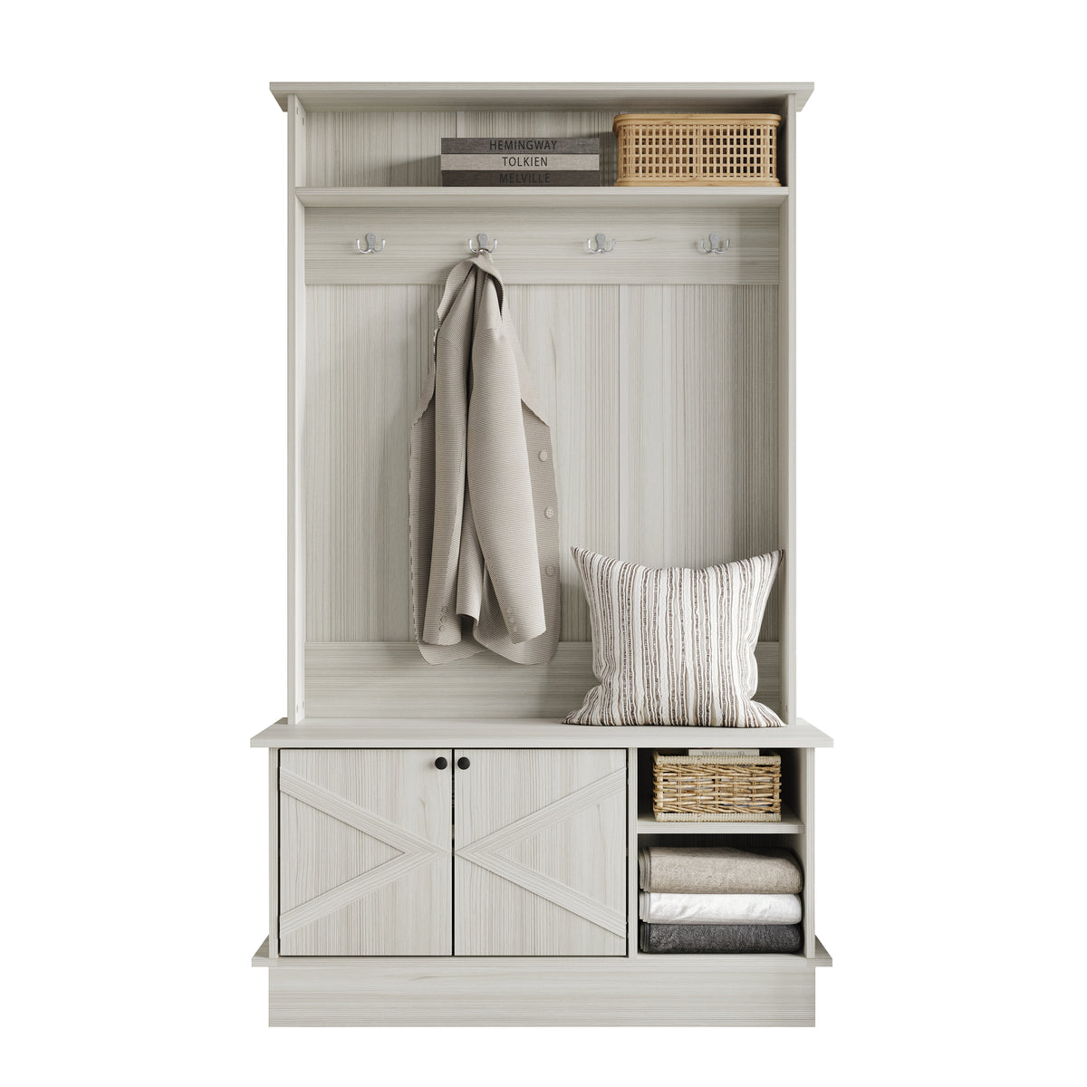 Hall Tree with Storage Cabinet, Bench, Shelves & Hooks