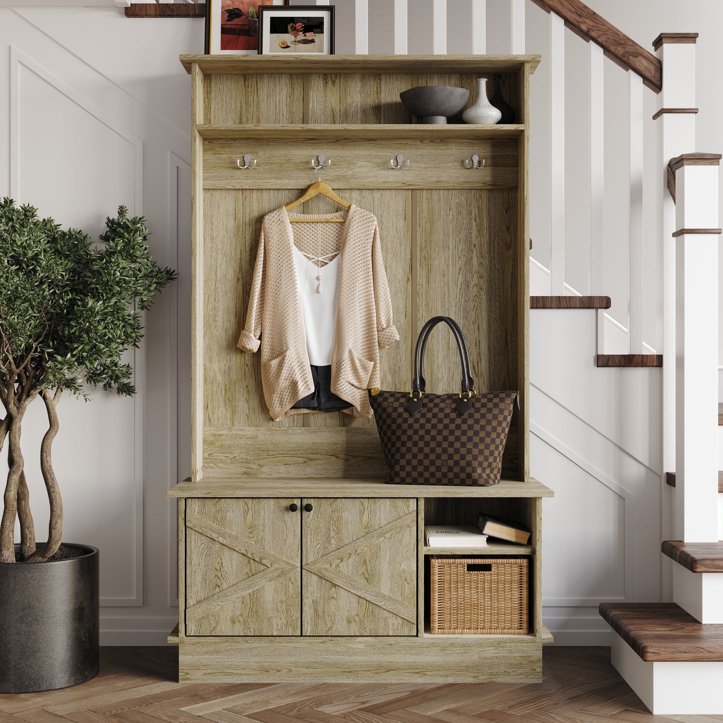 Hall Tree with Storage Cabinet, Bench, Shelves & Hooks