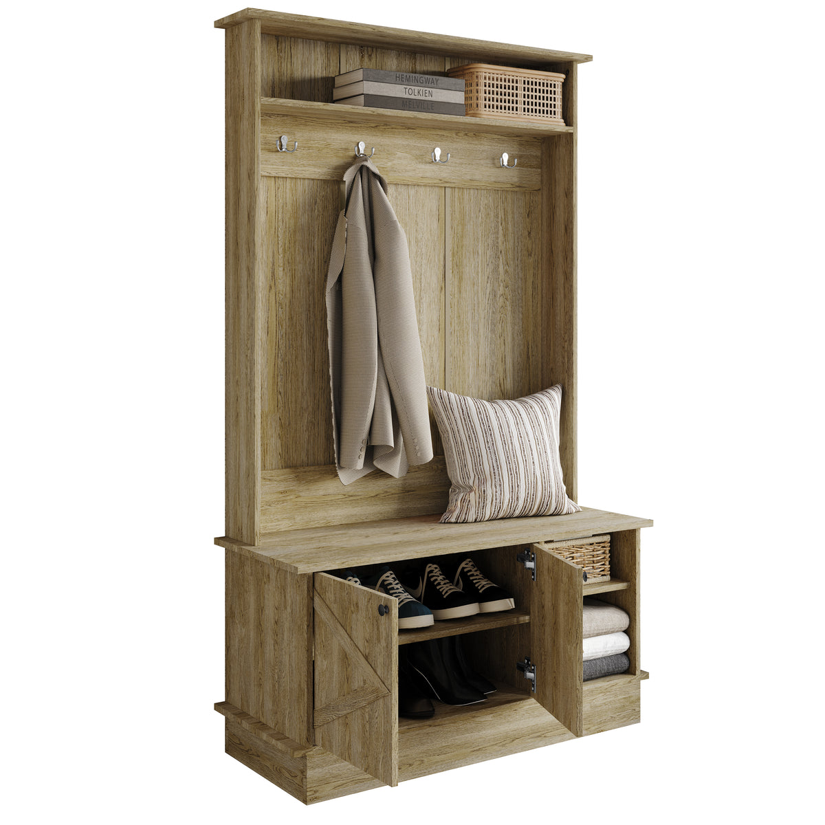 Hall Tree with Storage Cabinet, Bench, Shelves & Hooks