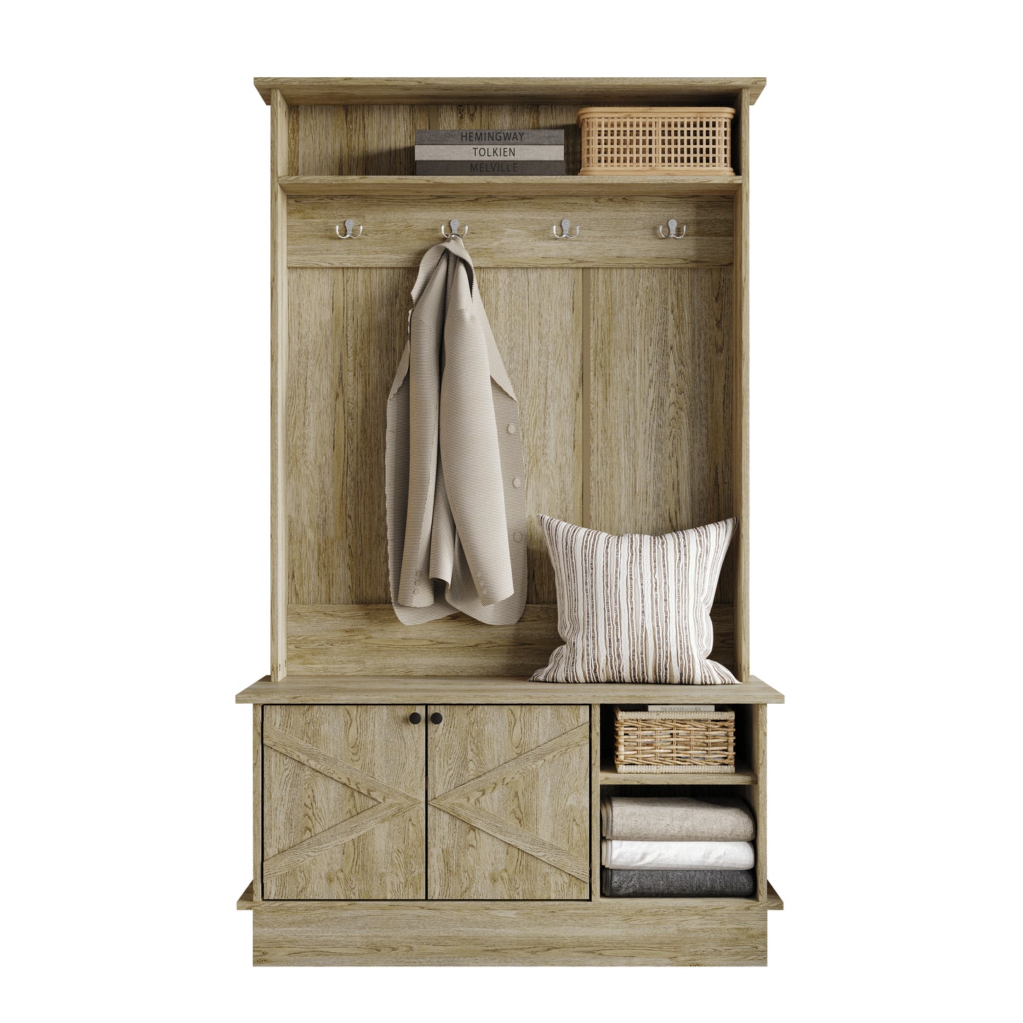 Hall Tree with Storage Cabinet, Bench, Shelves & Hooks