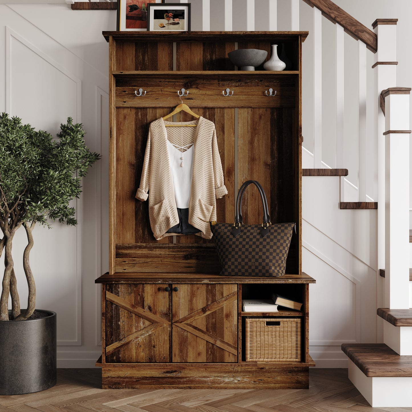 Hall Tree with Storage Cabinet, Bench, Shelves & Hooks