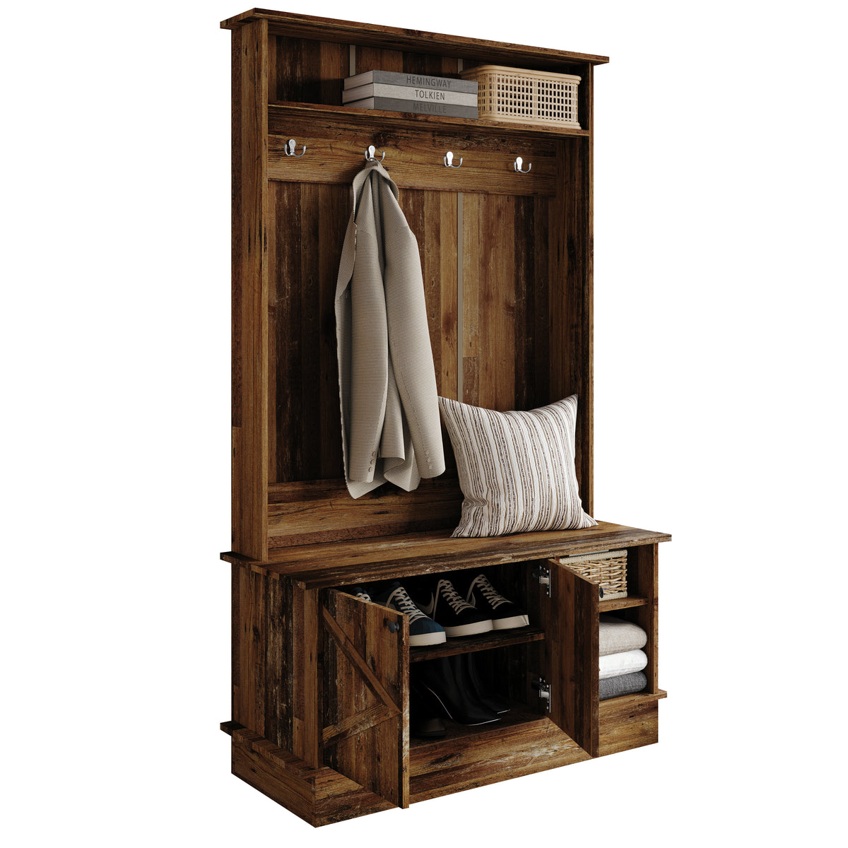 Hall Tree with Storage Cabinet, Bench, Shelves & Hooks