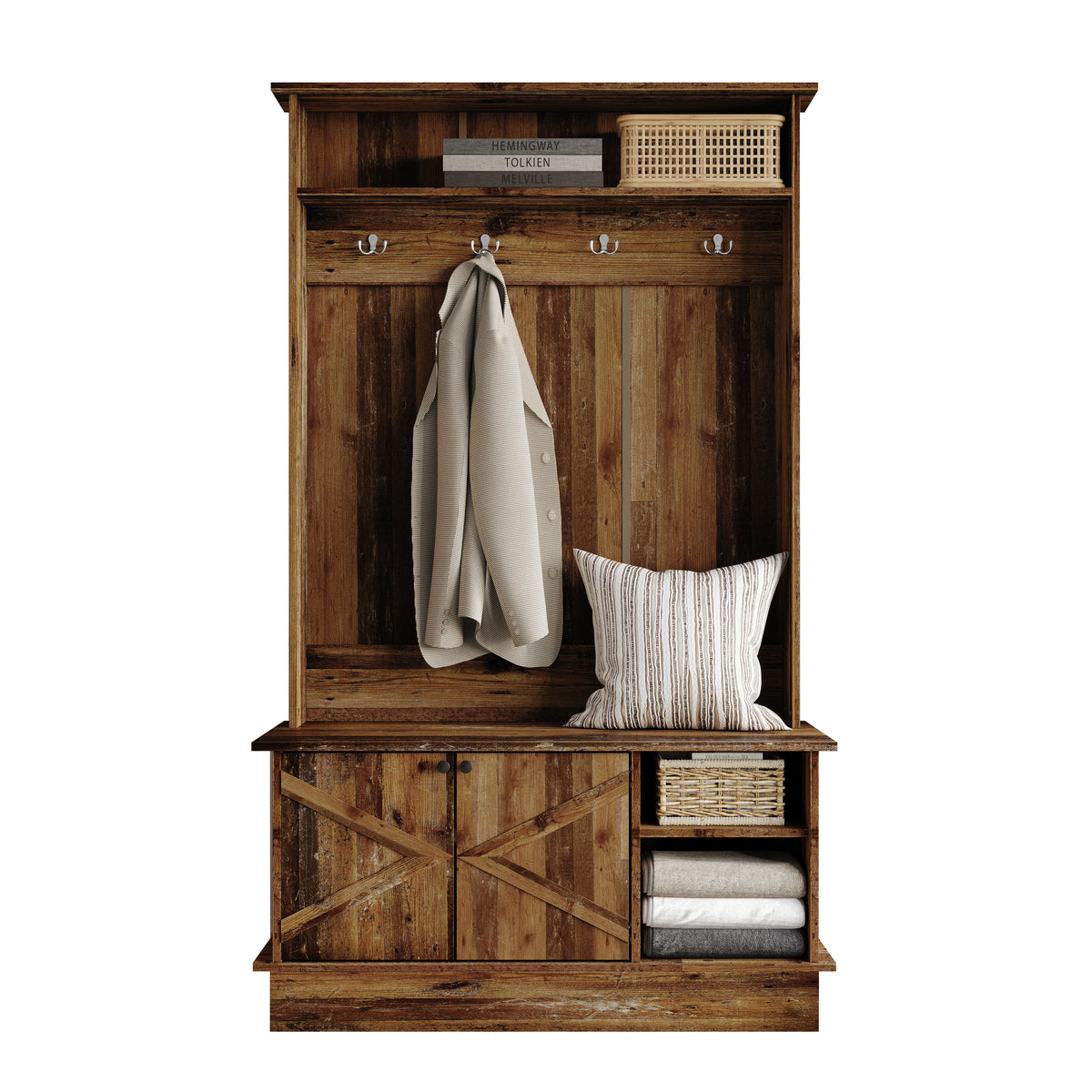 Hall Tree with Storage Cabinet, Bench, Shelves & Hooks