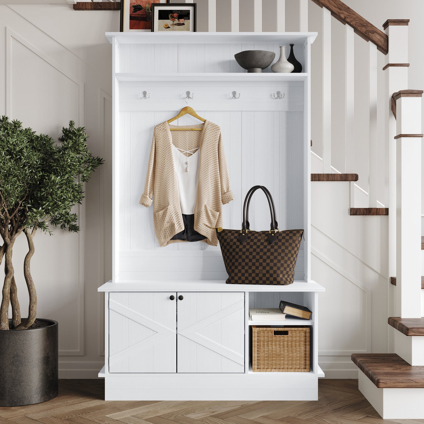 Hall Tree with Storage Cabinet, Bench, Shelves & Hooks