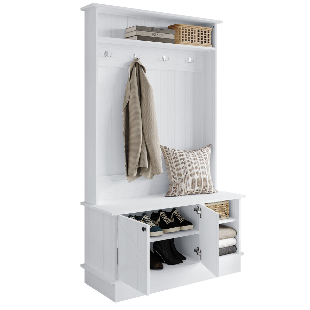 Hall Tree with Storage Cabinet, Bench, Shelves & Hooks