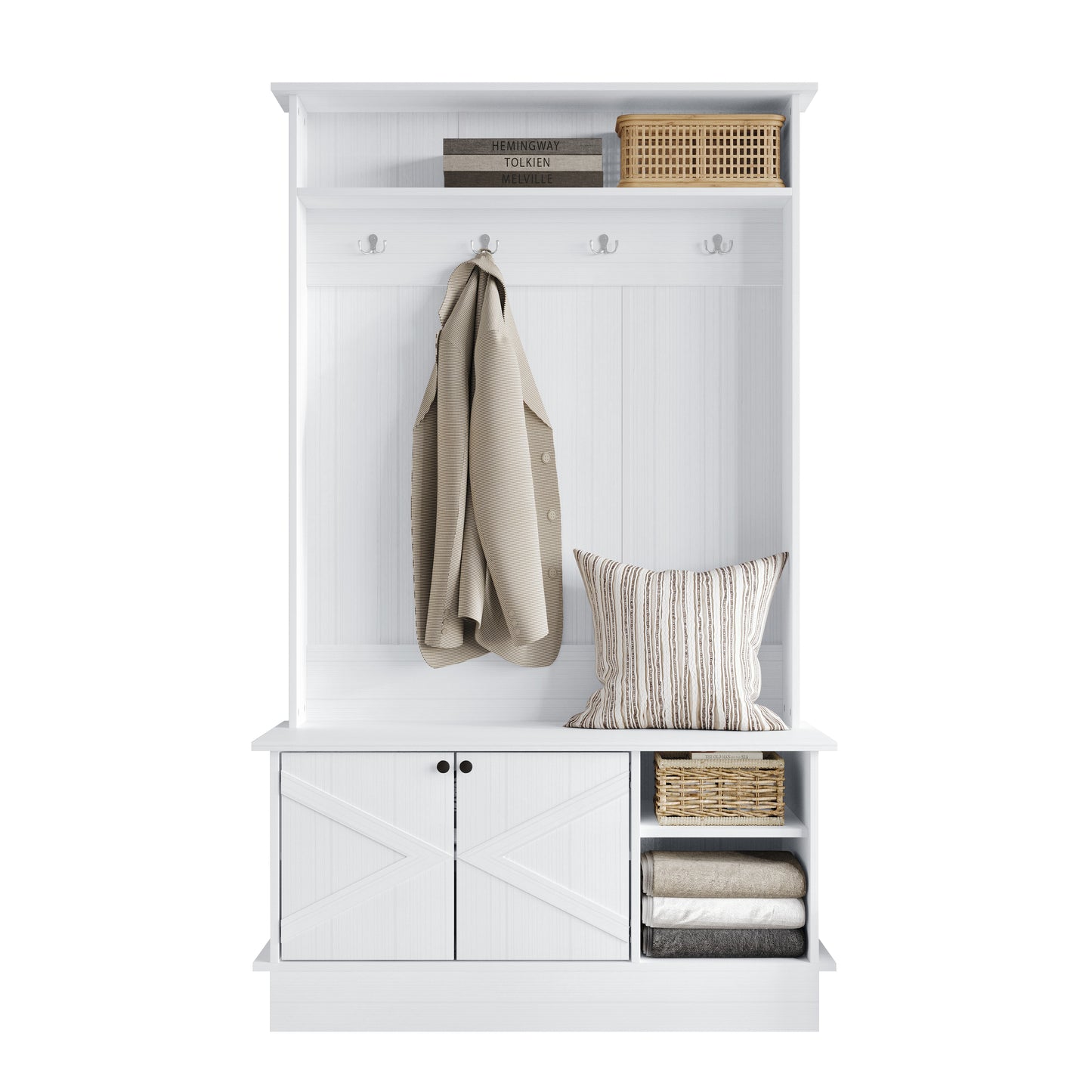 Hall Tree with Storage Cabinet, Bench, Shelves & Hooks