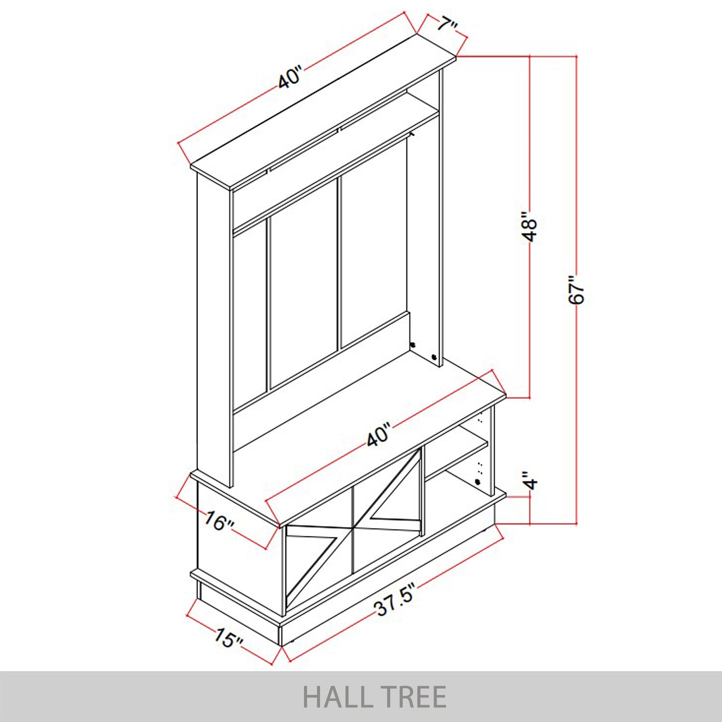 Hall Tree with Storage Cabinet, Bench, Shelves & Hooks