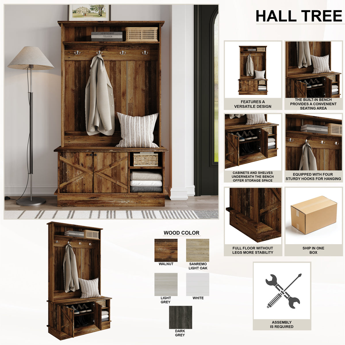 Hall Tree with Storage Cabinet, Bench, Shelves & Hooks