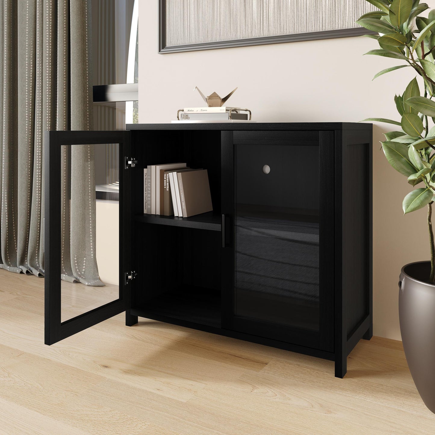 Modern Wooden Storage Cabinet with Flat-Panel Doors & Short Legs