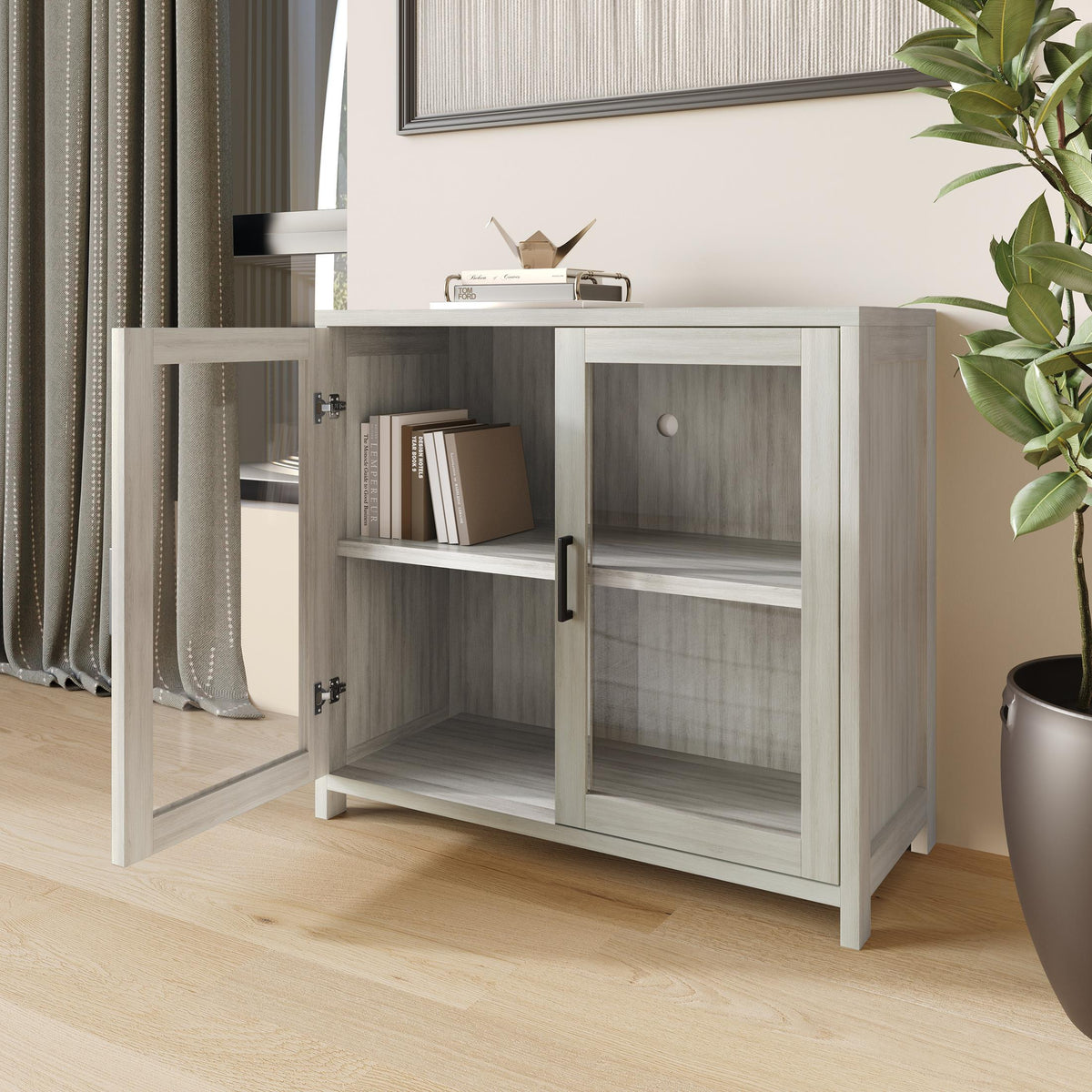 Modern Wooden Storage Cabinet with Flat-Panel Doors & Short Legs