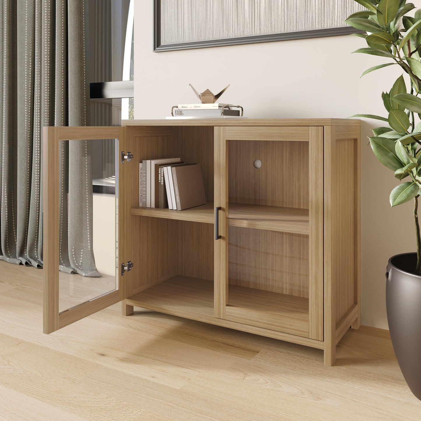 Modern Wooden Storage Cabinet with Flat-Panel Doors & Short Legs