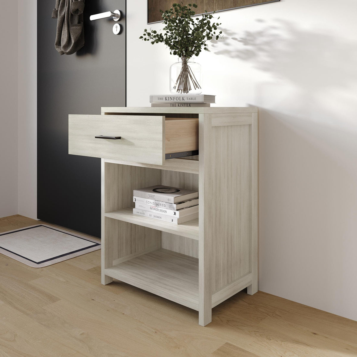 Modern Wooden Storage Cabinet with Drawer & Open Shelves