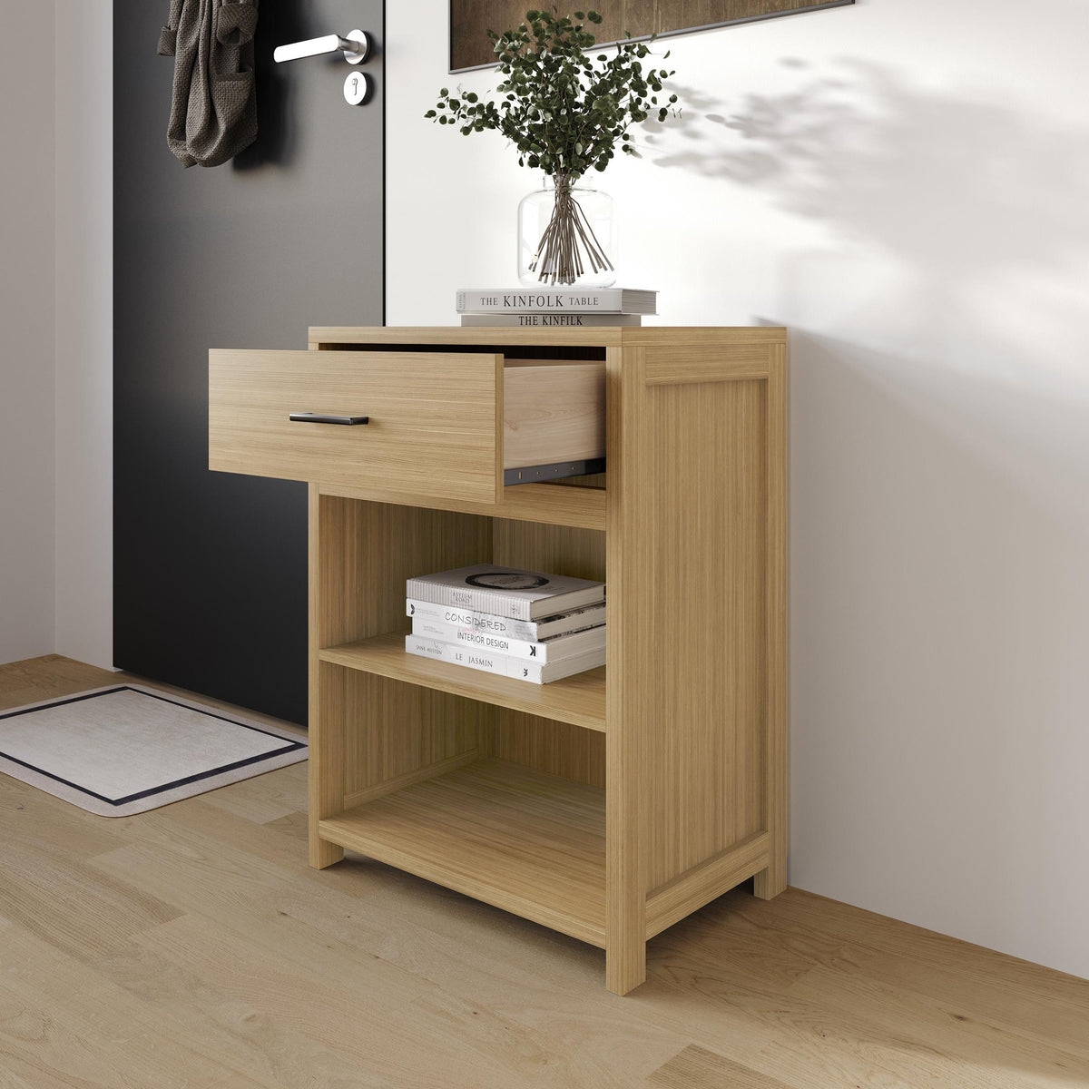 Modern Wooden Storage Cabinet with Drawer & Open Shelves