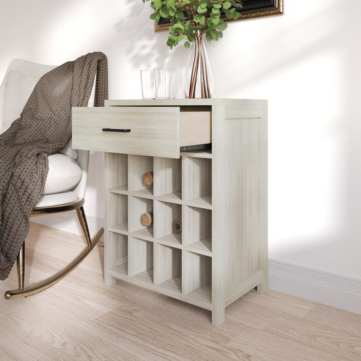 Modern Wooden Wine Cabinet with 12-Bottle Rack & Drawer