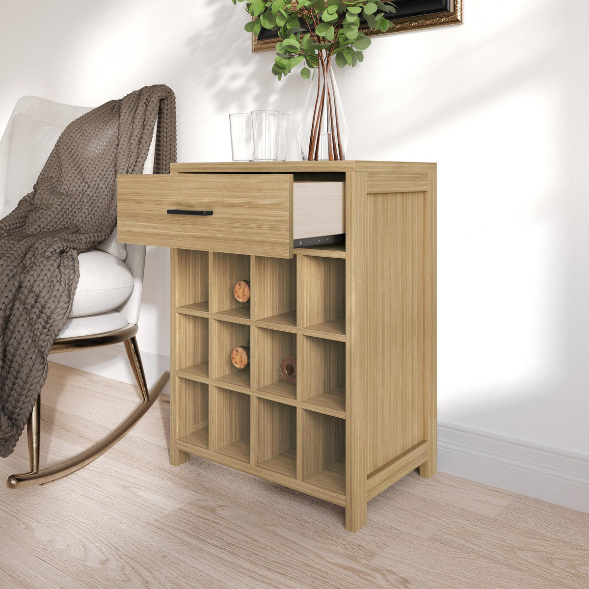 Modern Wooden Wine Cabinet with 12-Bottle Rack & Drawer