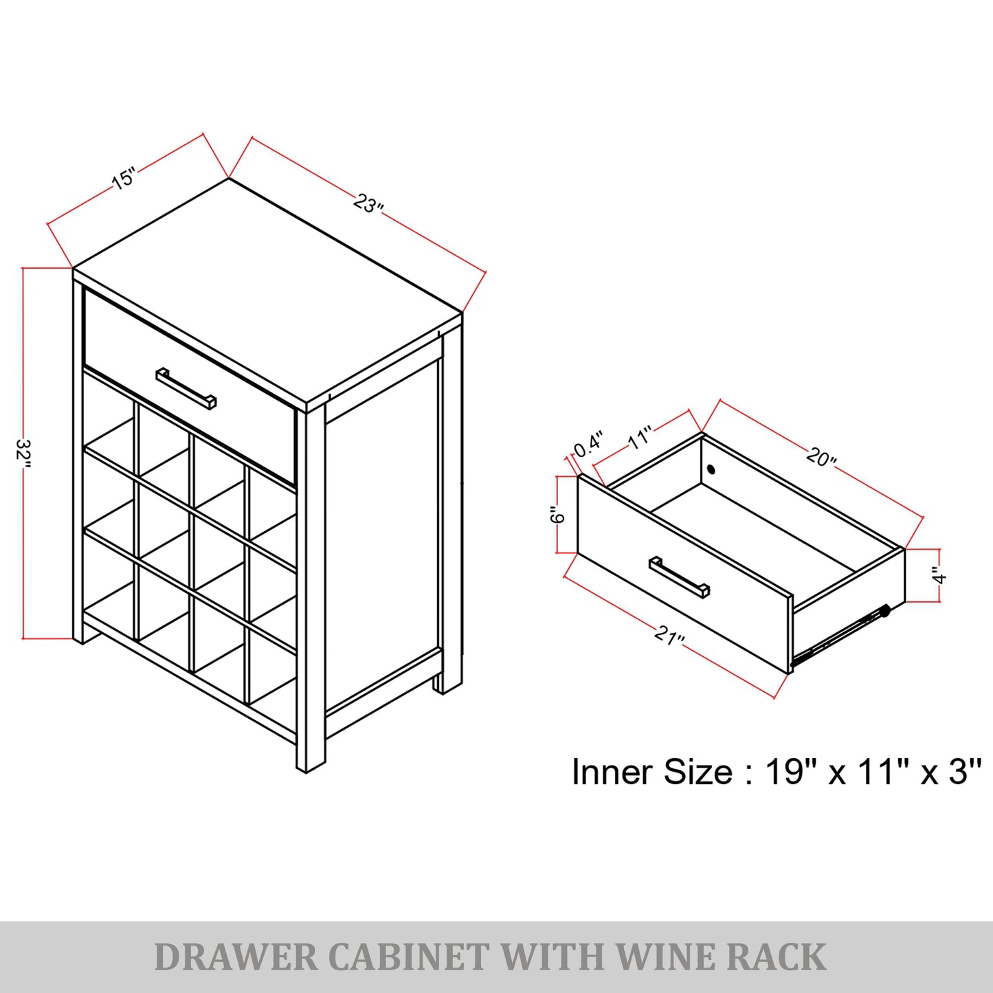Modern Wooden Wine Cabinet with 12-Bottle Rack & Drawer