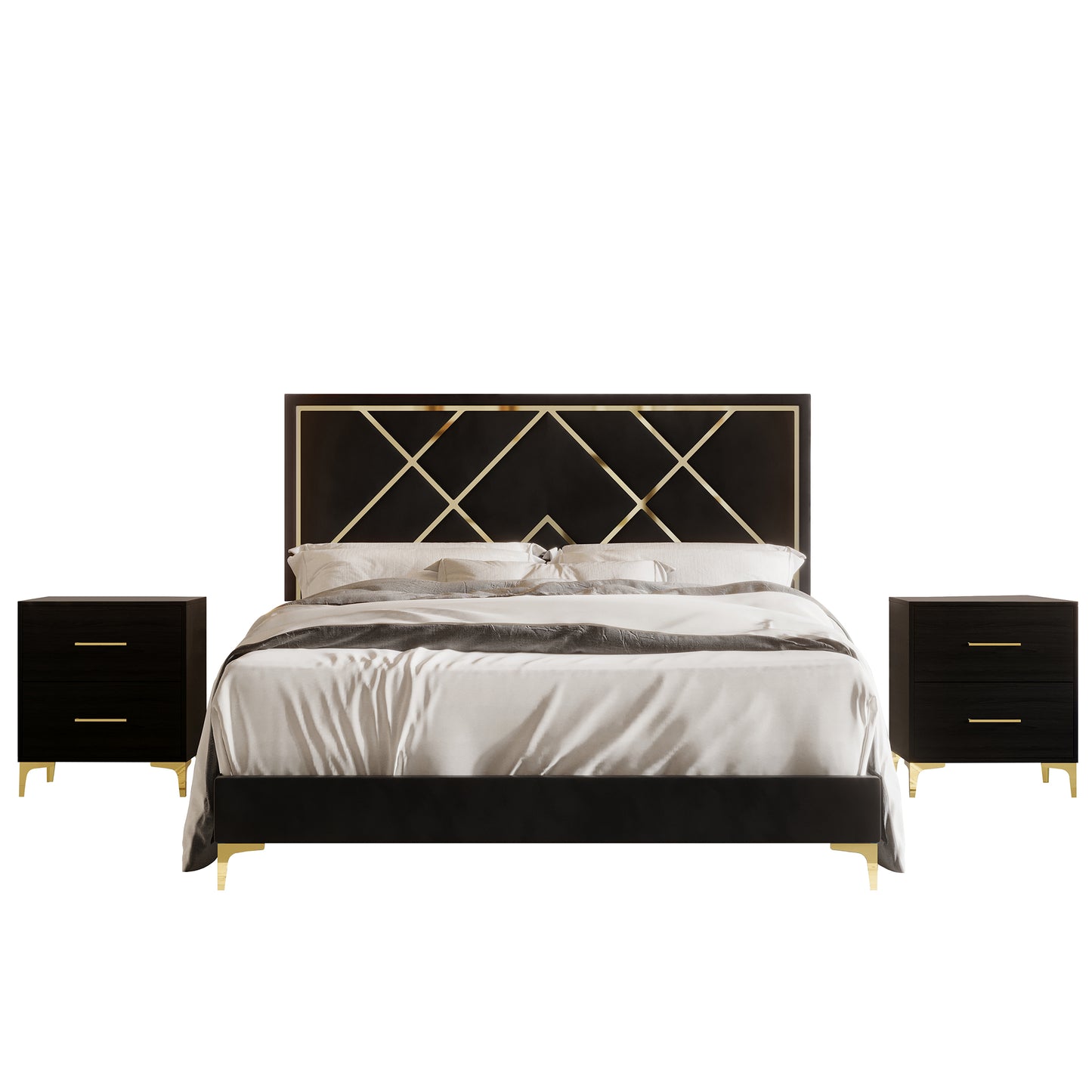 Lausyn 3 Piece Bedroom Nightstands Set Velvet Upholstered Bed