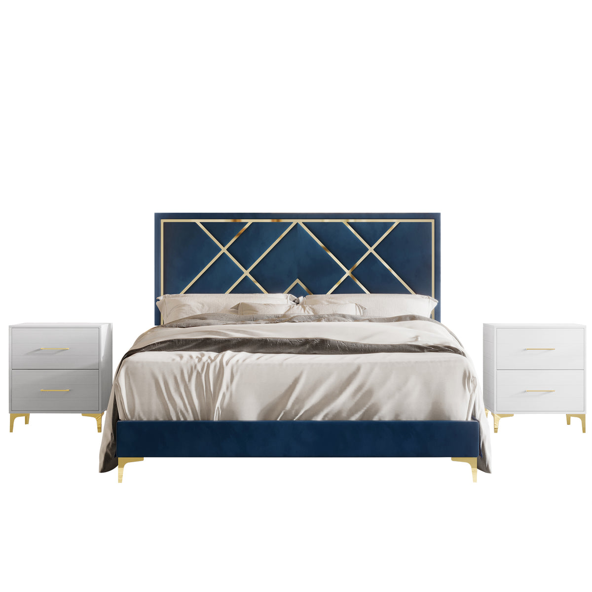 Lausyn 3 Piece Bedroom Nightstands Set Velvet Upholstered Bed