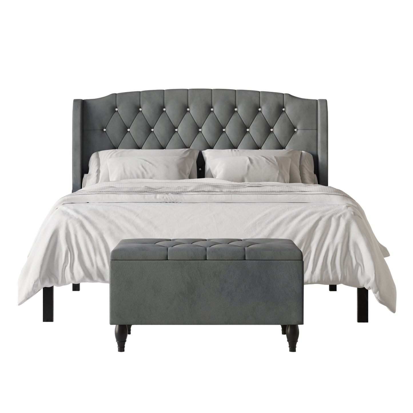Tyreese 2 Piece Bedroom Bench Set Velvet Wingback Upholstered Bed