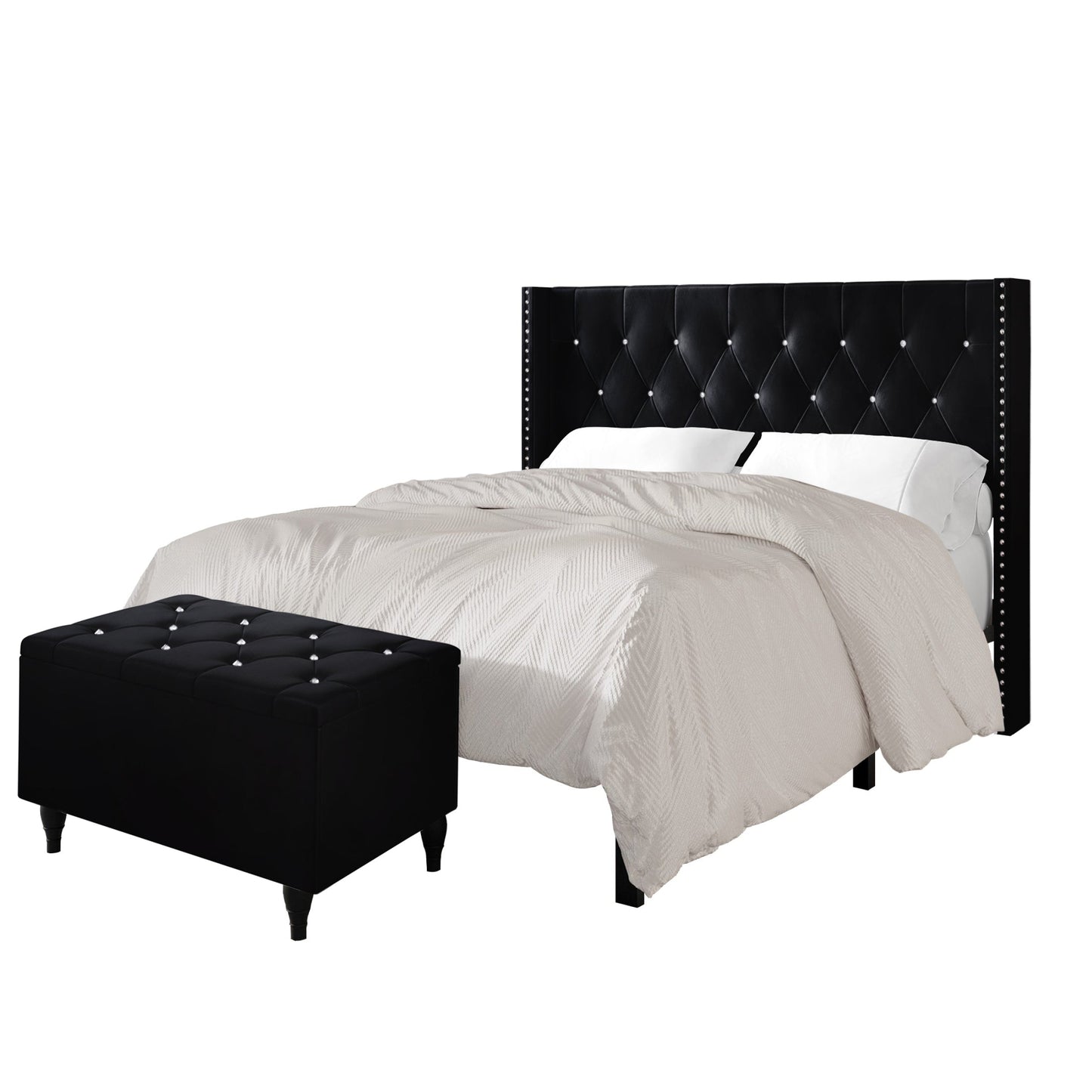 Falaq 2 Piece Bedroom Bench Set Velvet Wingback Upholstered Bed