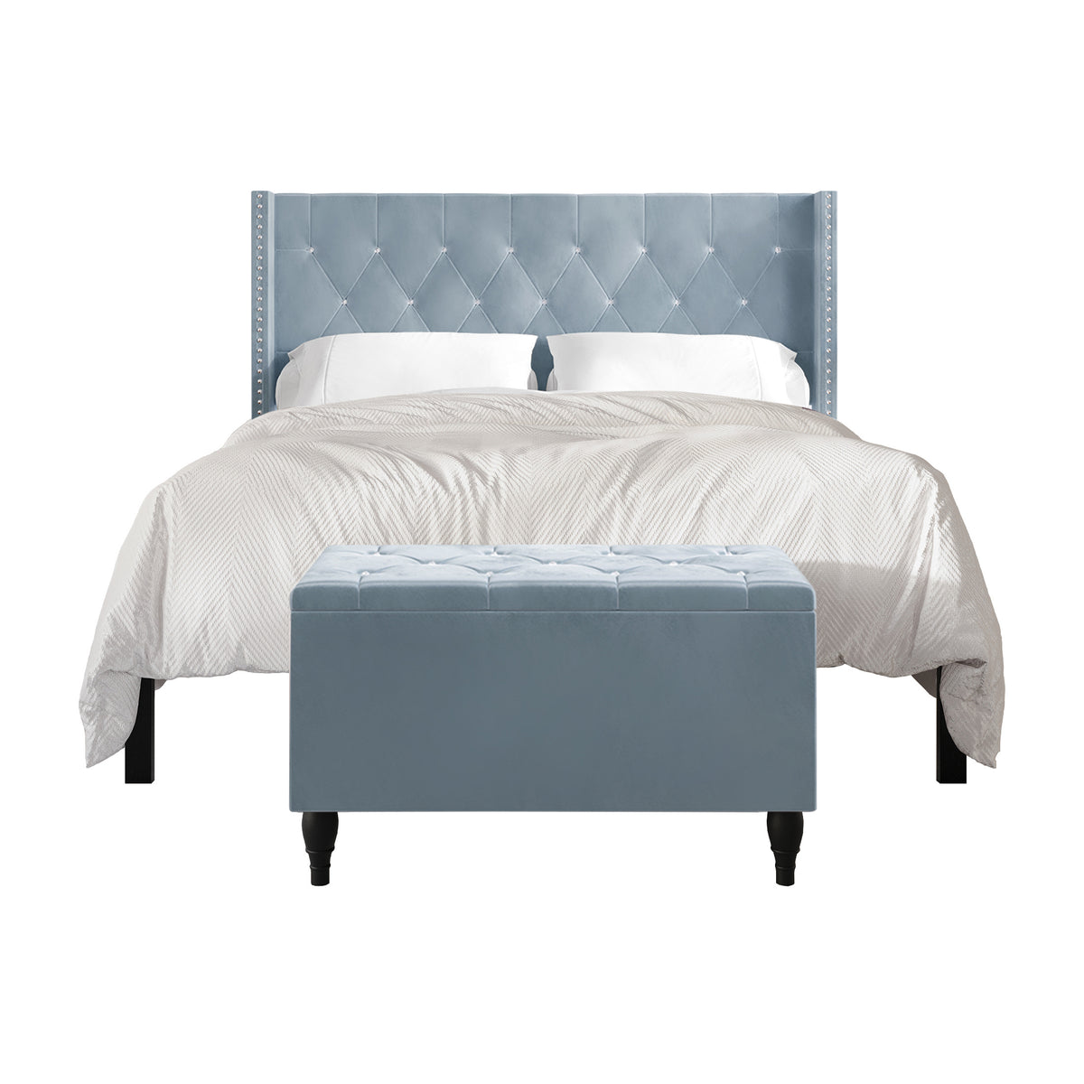 Falaq 2 Piece Bedroom Bench Set Velvet Wingback Upholstered Bed