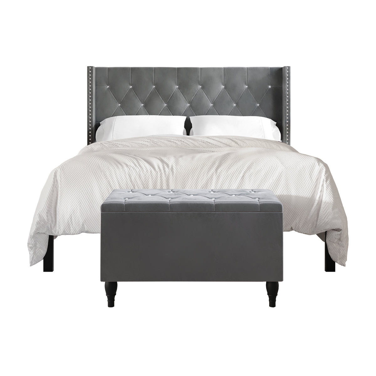 Falaq 2 Piece Bedroom Bench Set Velvet Wingback Upholstered Bed