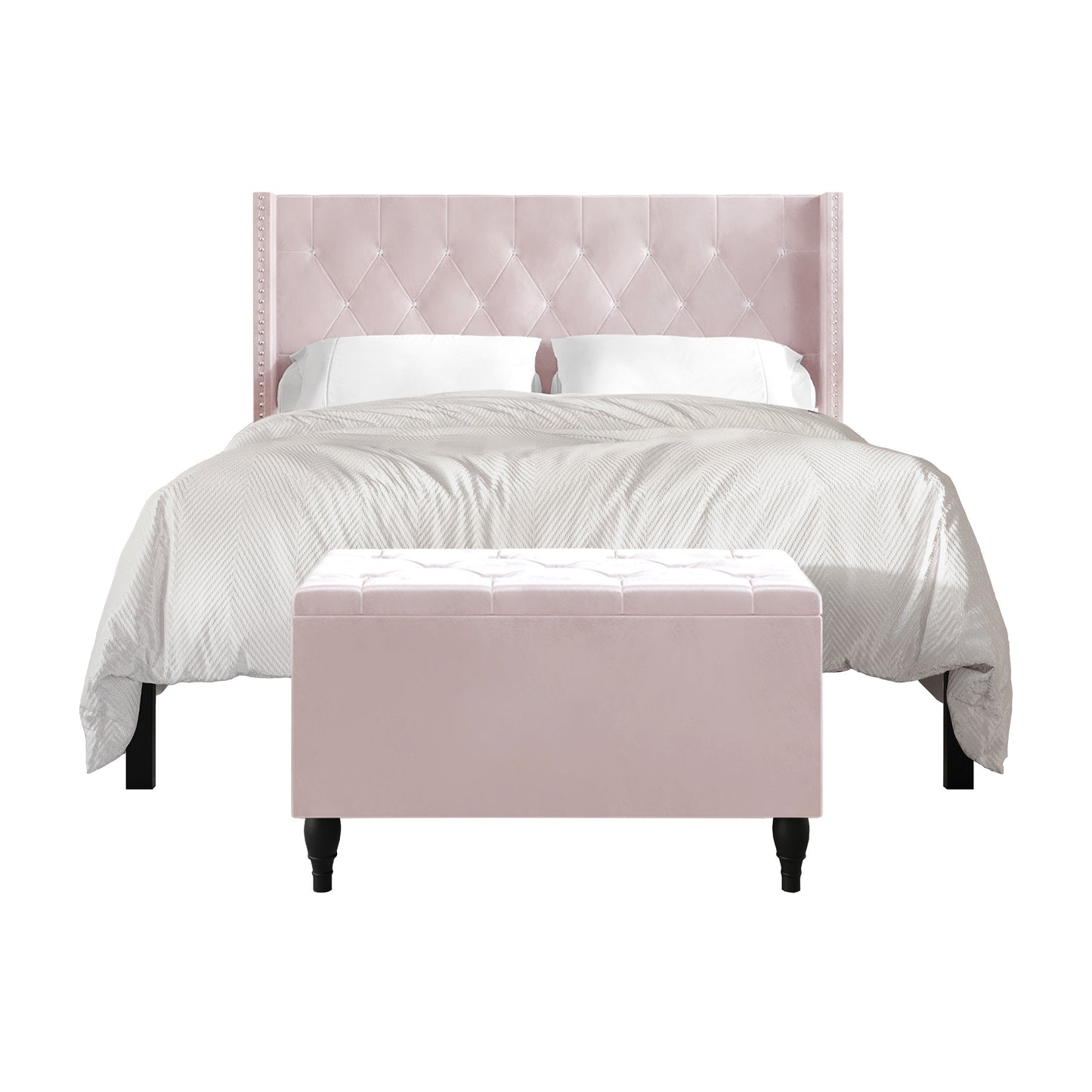 Falaq 2 Piece Bedroom Bench Set Velvet Wingback Upholstered Bed