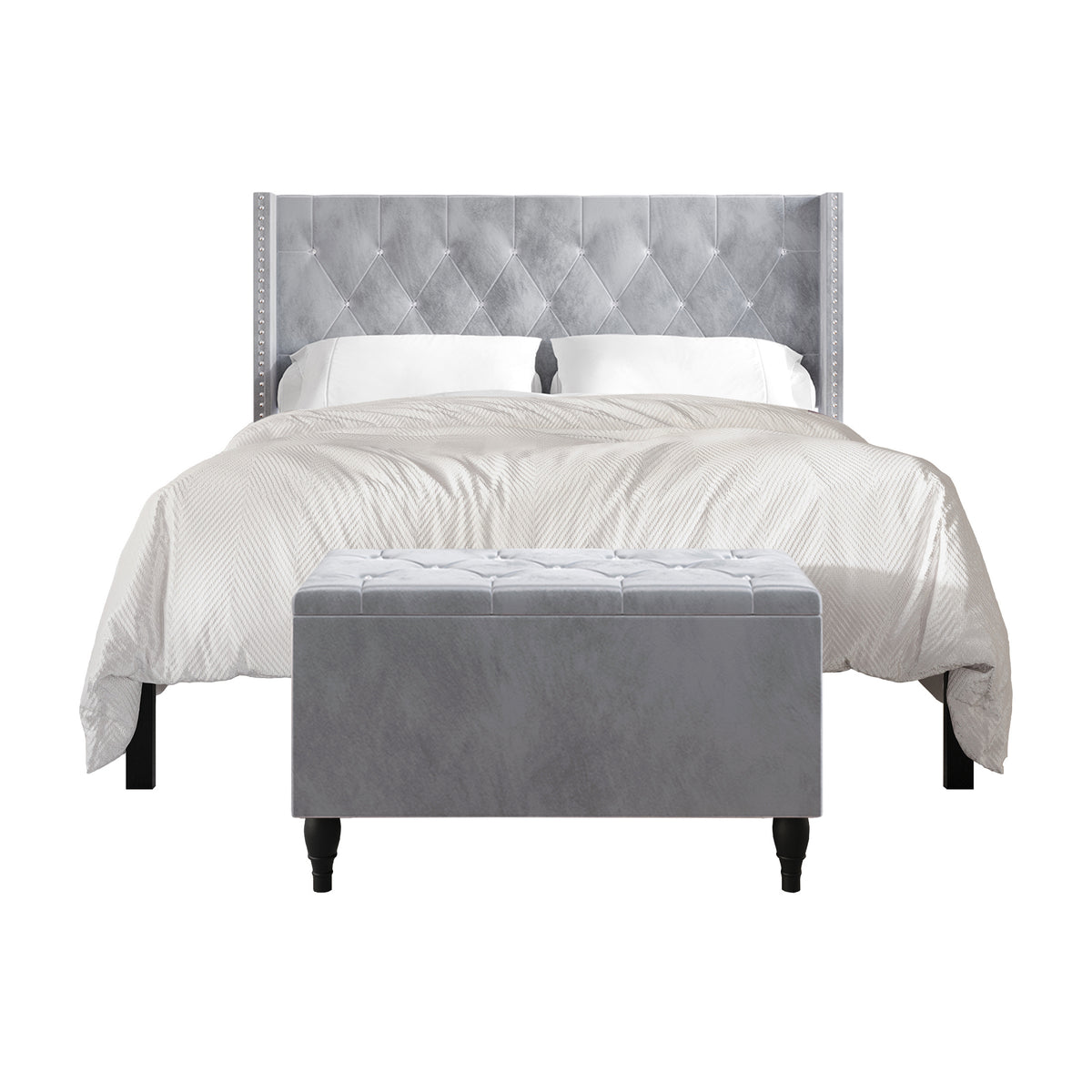 Falaq 2 Piece Bedroom Bench Set Velvet Wingback Upholstered Bed
