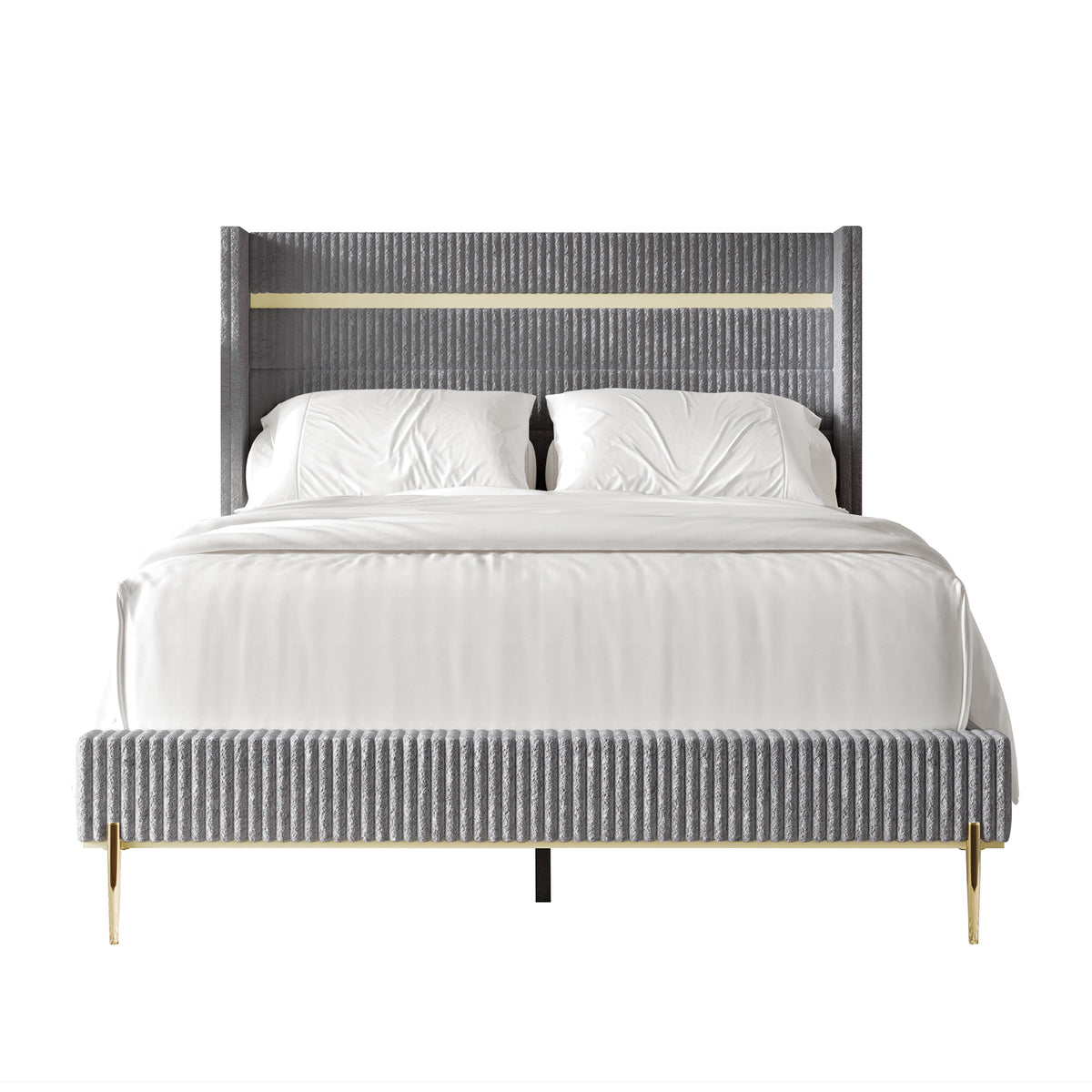 Anaika Gold PU Strip Wingback Velvet Upholstered Bed