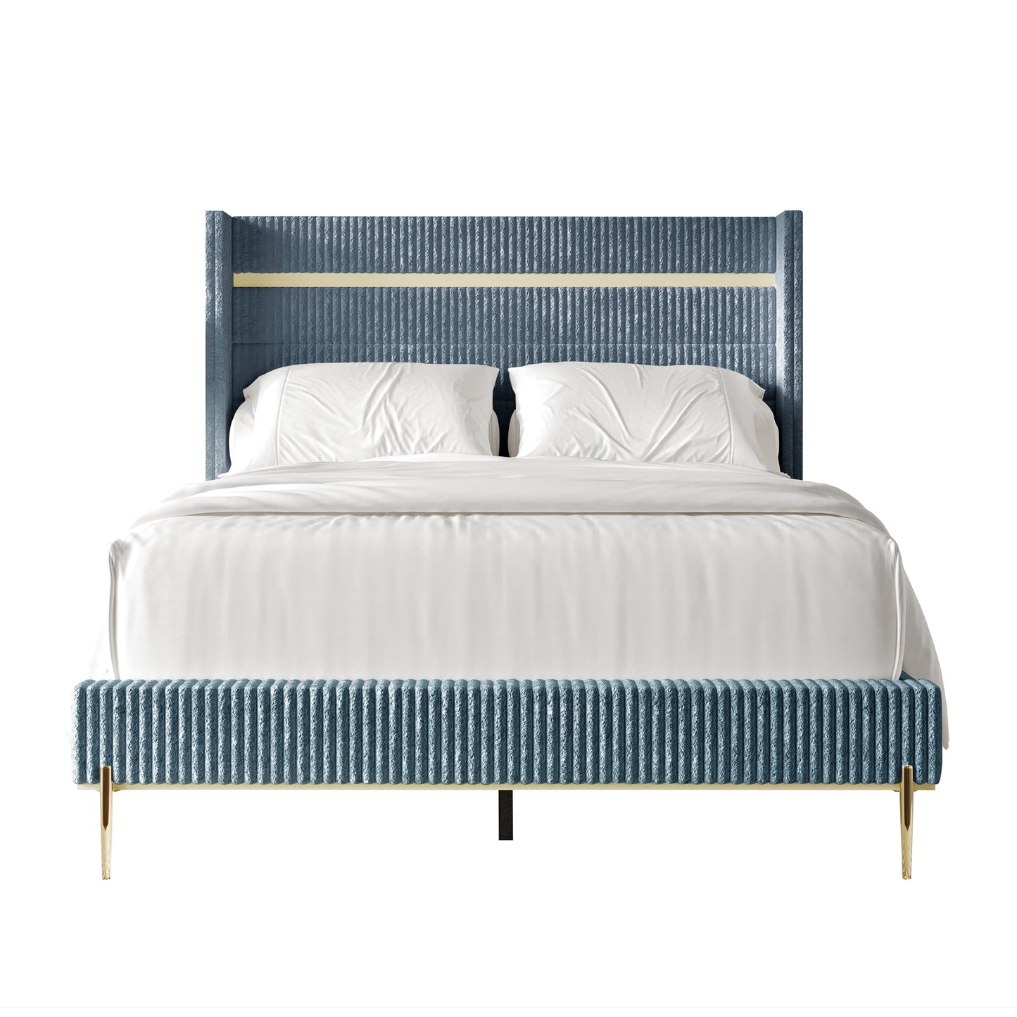 Anaika Gold PU Strip Wingback Velvet Upholstered Bed