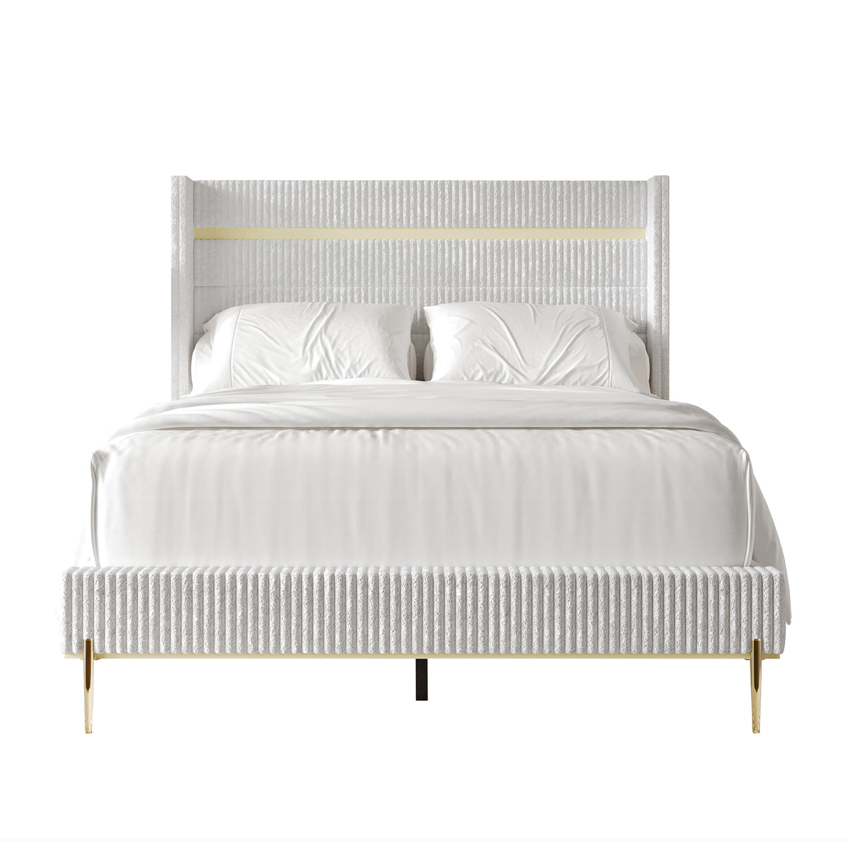 Anaika Gold PU Strip Wingback Velvet Upholstered Bed