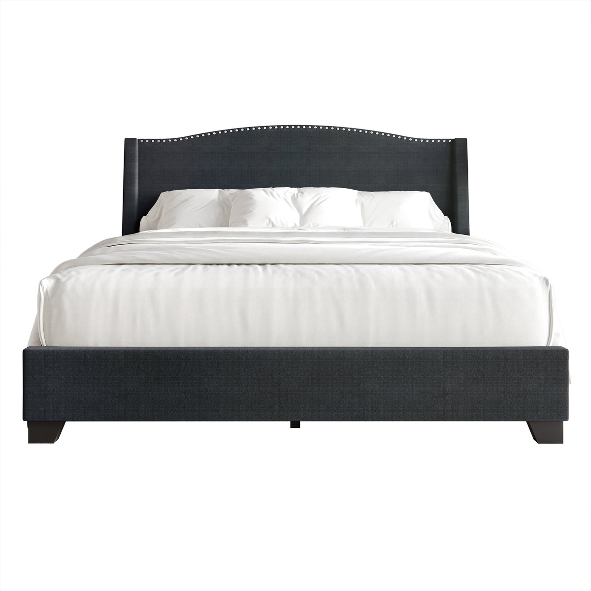 Nikrae Chrome Nailhead Wingback Upholstered Bed with Drawers