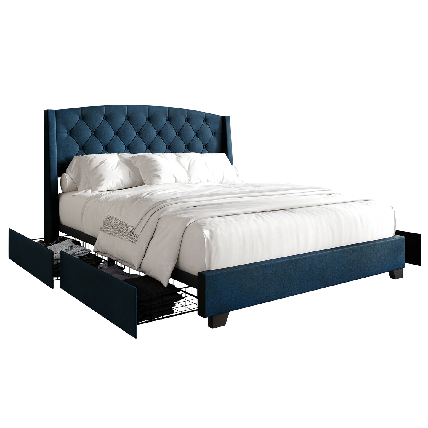 Laksha Button Tufted Wingback Upholstered Bed with Drawers
